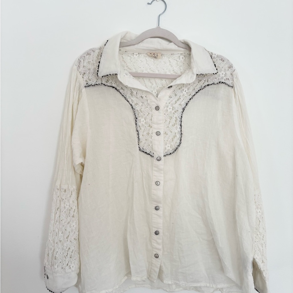 POL Cream Lace Button-Down Shirt